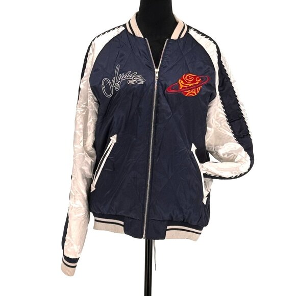 ASOS Satin Varsity Jacket Womens S Odyssey Embroidered Planets Mountains Bomber - Picture 3 of 8